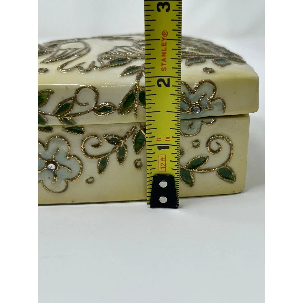 Roman Inc Heart Musical Jewelry Box Doves Floral Ceramic Cloisonné Vintage Works